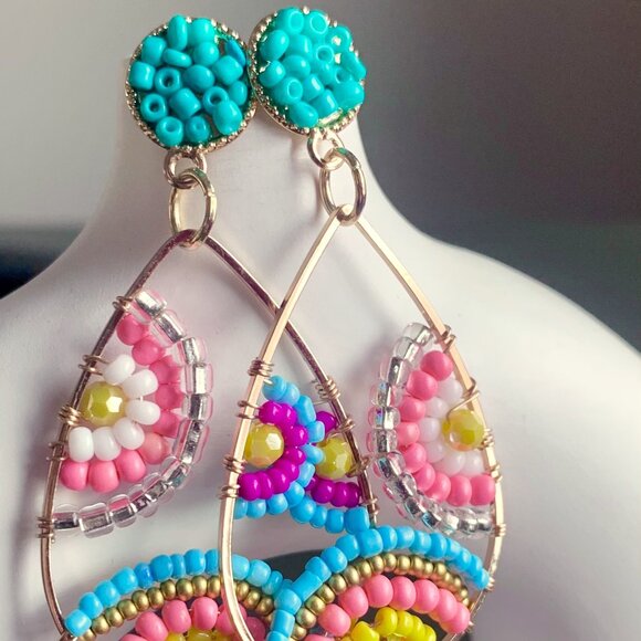Colorful Pink Blue Teal Yellow Gold Hand Beaded Hinged Teardrop Dangle Earrings - Picture 1 of 4